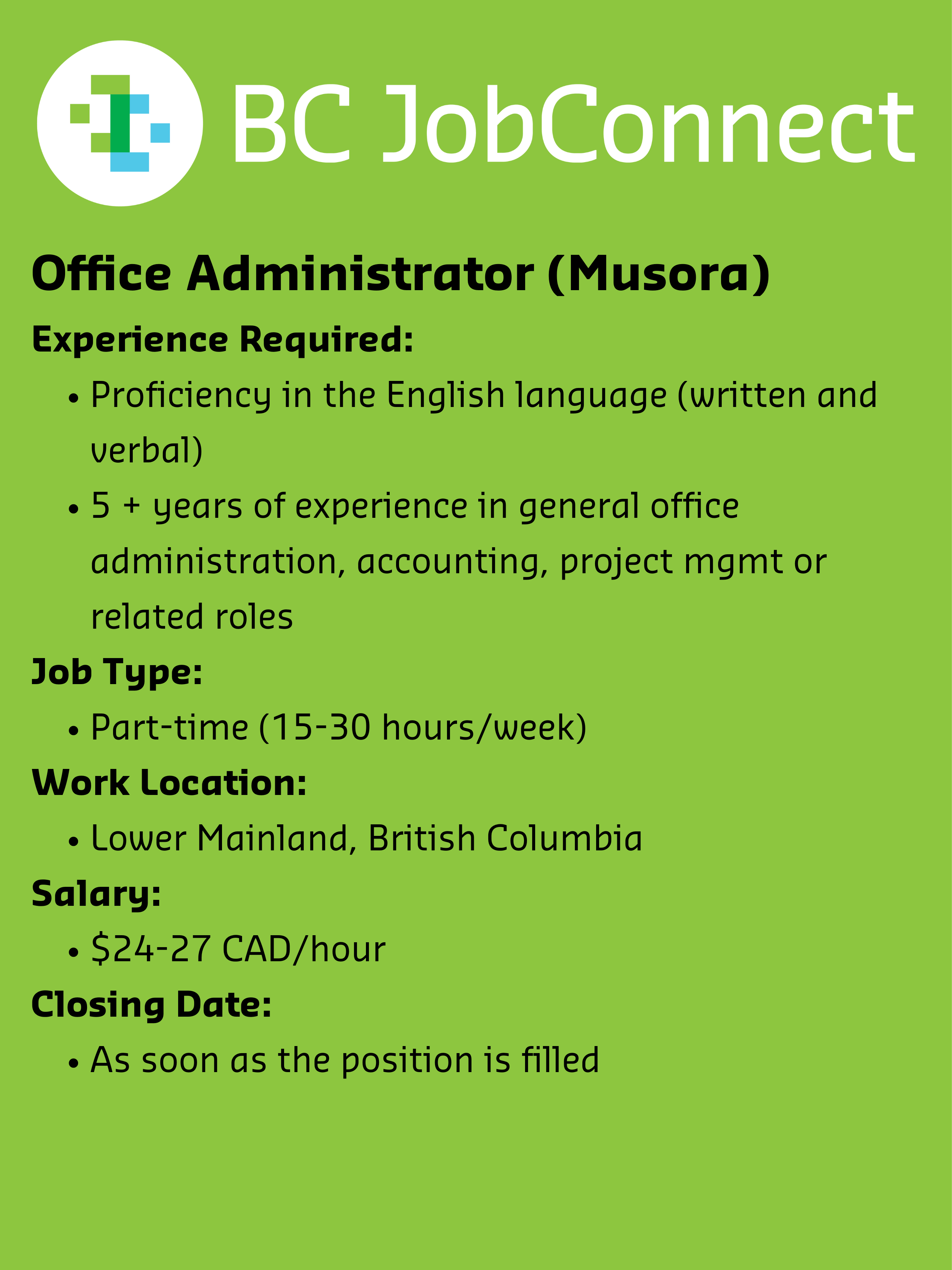 Job Posting Office Administrator (Musora) IECBC BC Job Connect