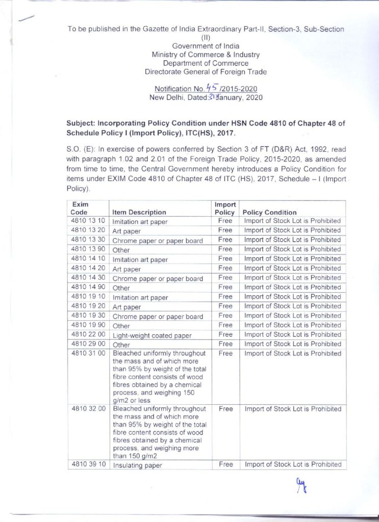 Import of Stock Lot paper as specified under Exim code