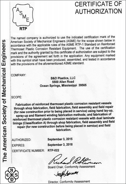 ASME RTP1 Certification · B&D Plastics, LLC