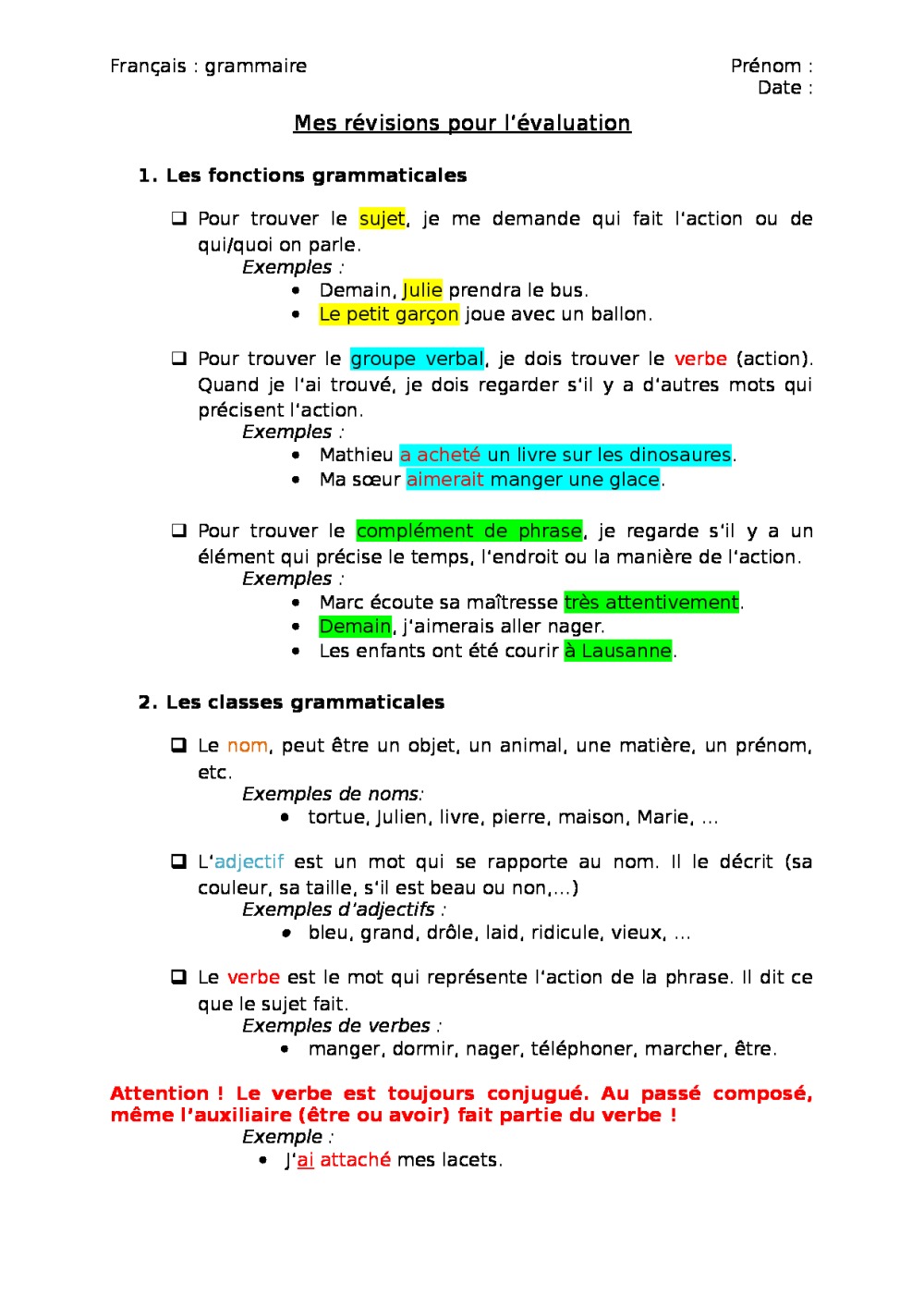 Révisions fonctions et classes grammaticales BDRP