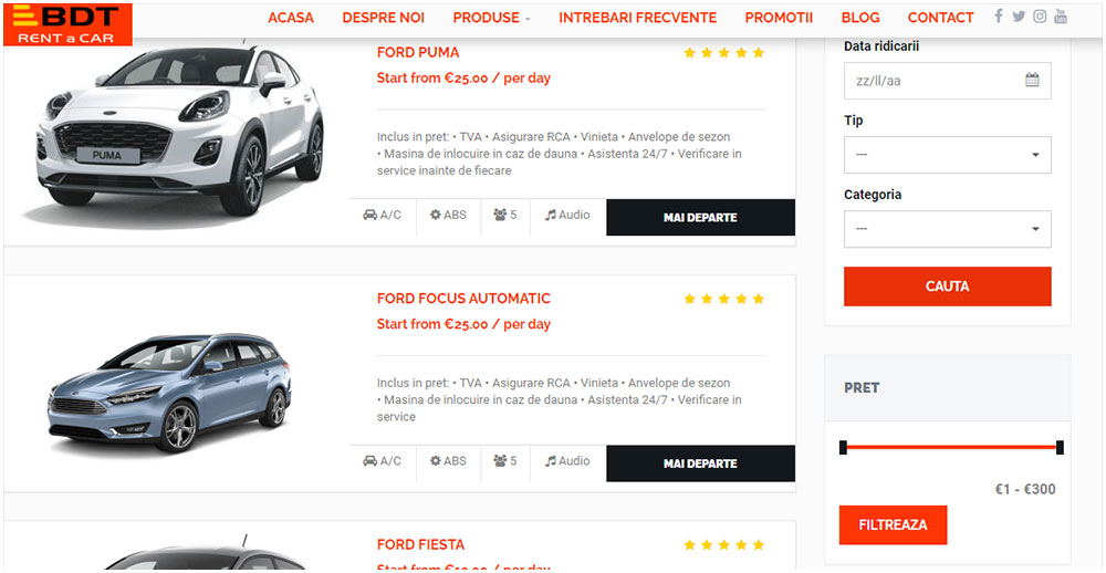 BDT Rent A Car va pune la dispozitie o gama variata de autoturisme si