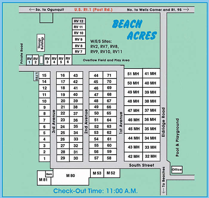 Site Map for Beach Acres Campground in Wells, Maine