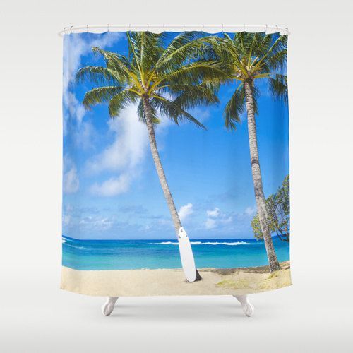 Surf board under palms on the Hawaiian beach shower curtain, 71×74 inch