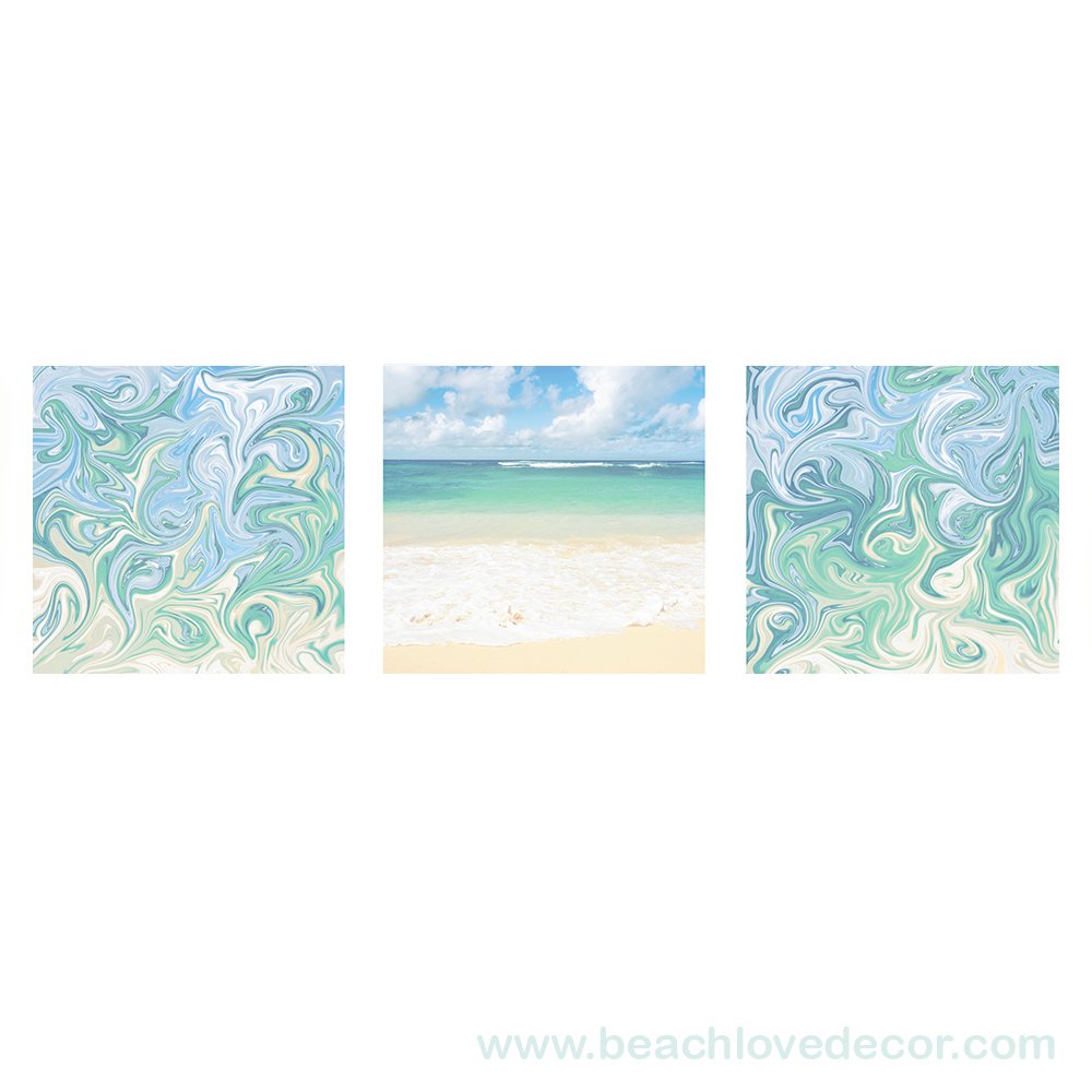 Modern Fine Art Abstract Triptych Pastel Kauai Beach, Hawaii, Square