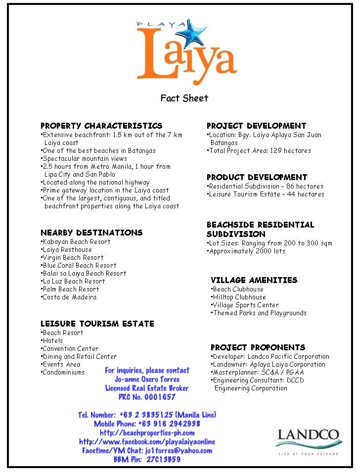 fact sheet Beach Properties in Batangas, Philippines