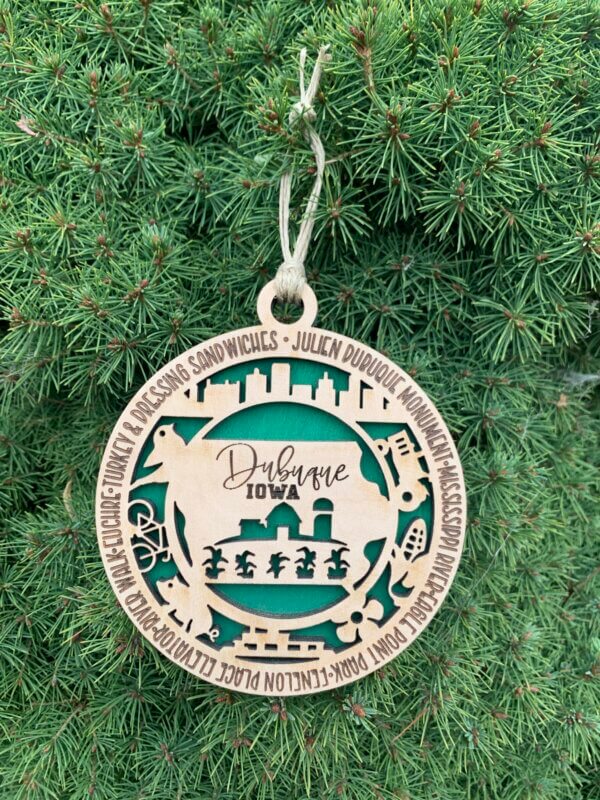 Dubuque Iowa Wooden Christmas Ornament Bead and Board