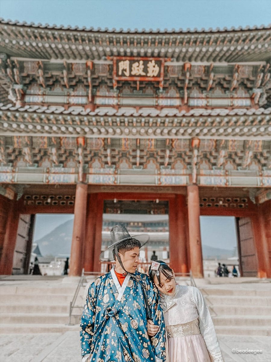 Wearing a hanbok in Gyeongbokgung Palace on a Winter Wander B