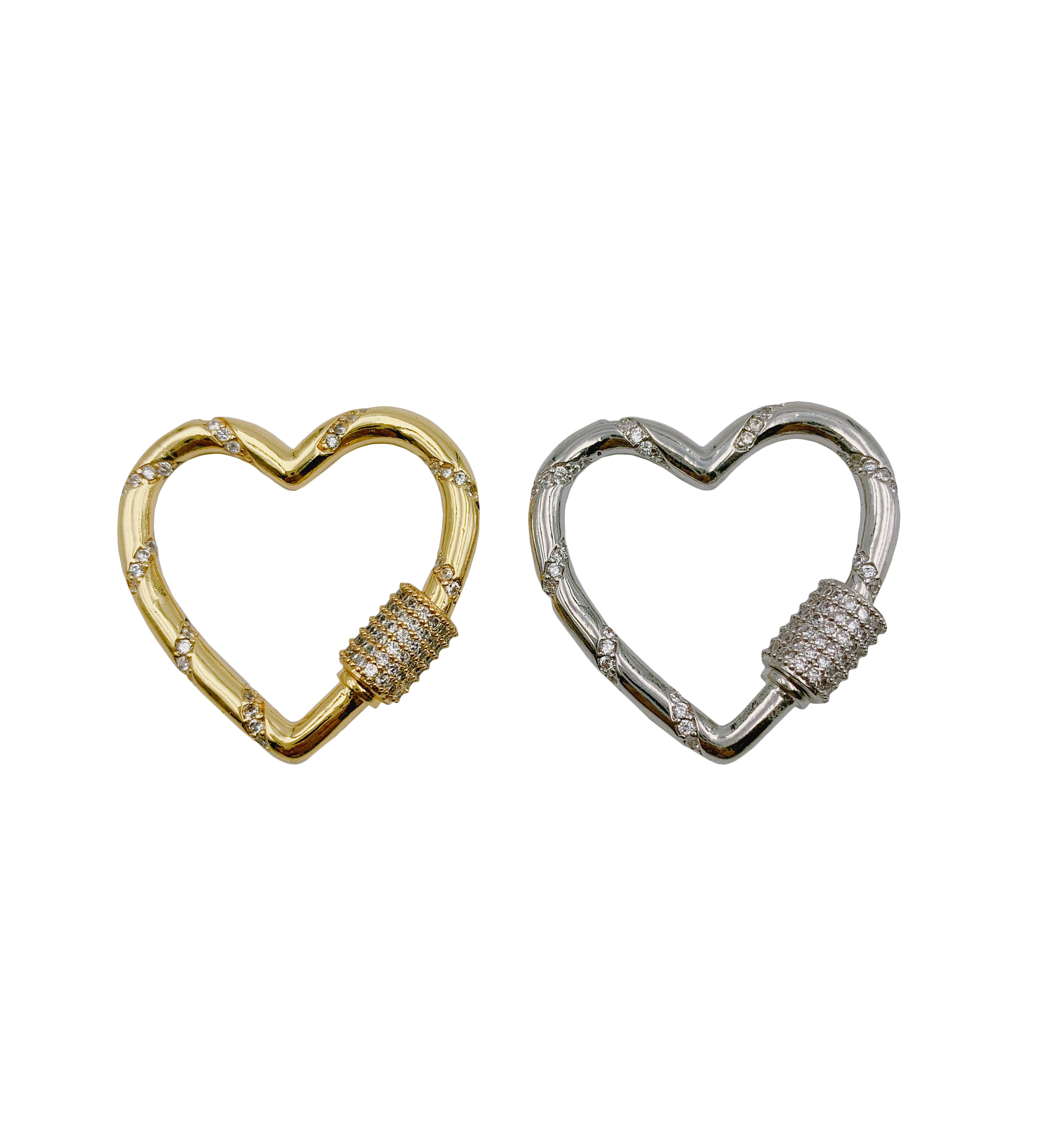 14K Gold Filled Heart Carabiner Clasp, Gold CZ Screw Clasp Micro Pave
