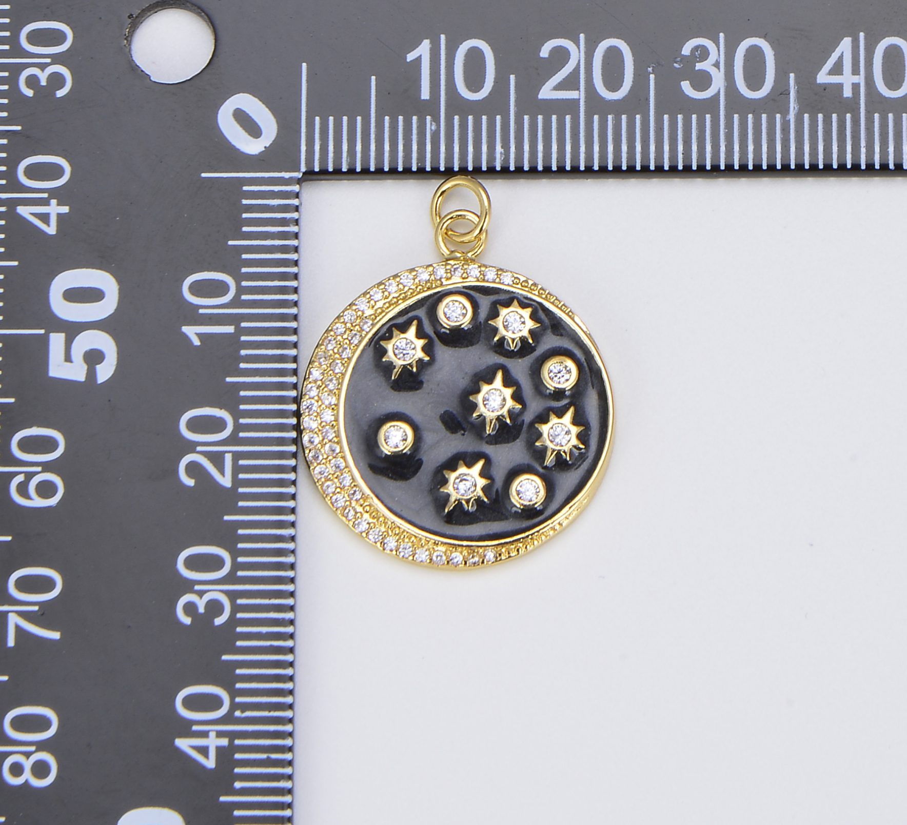 Black Enamel Celestial Medallion Charm, Starburst Moon Charm, Gold