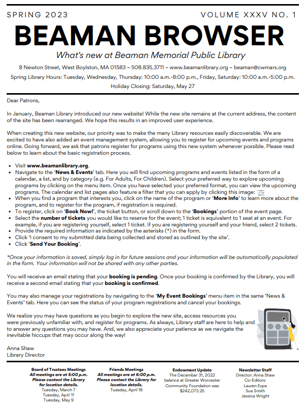 Beaman Browser Newsletters Beaman Memorial Public Library
