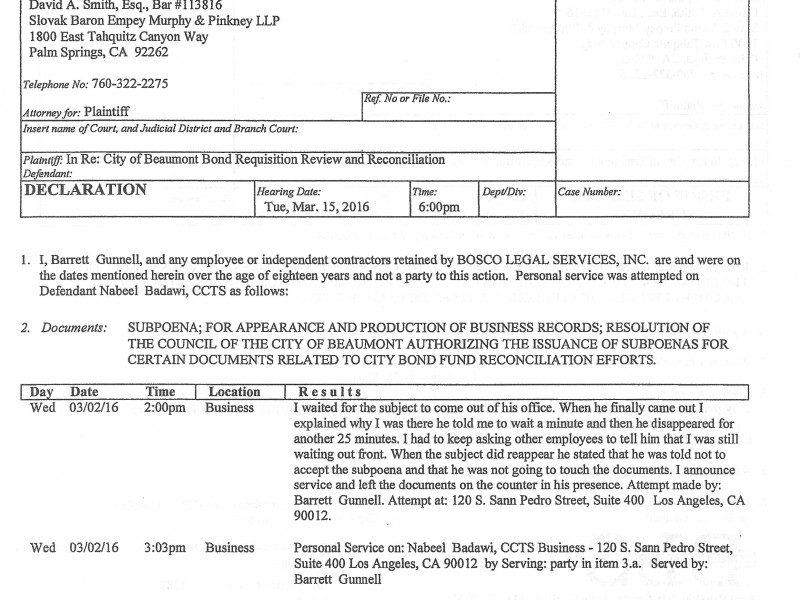 Attempt to Serve Union Bank Subpoena to Produce Records
