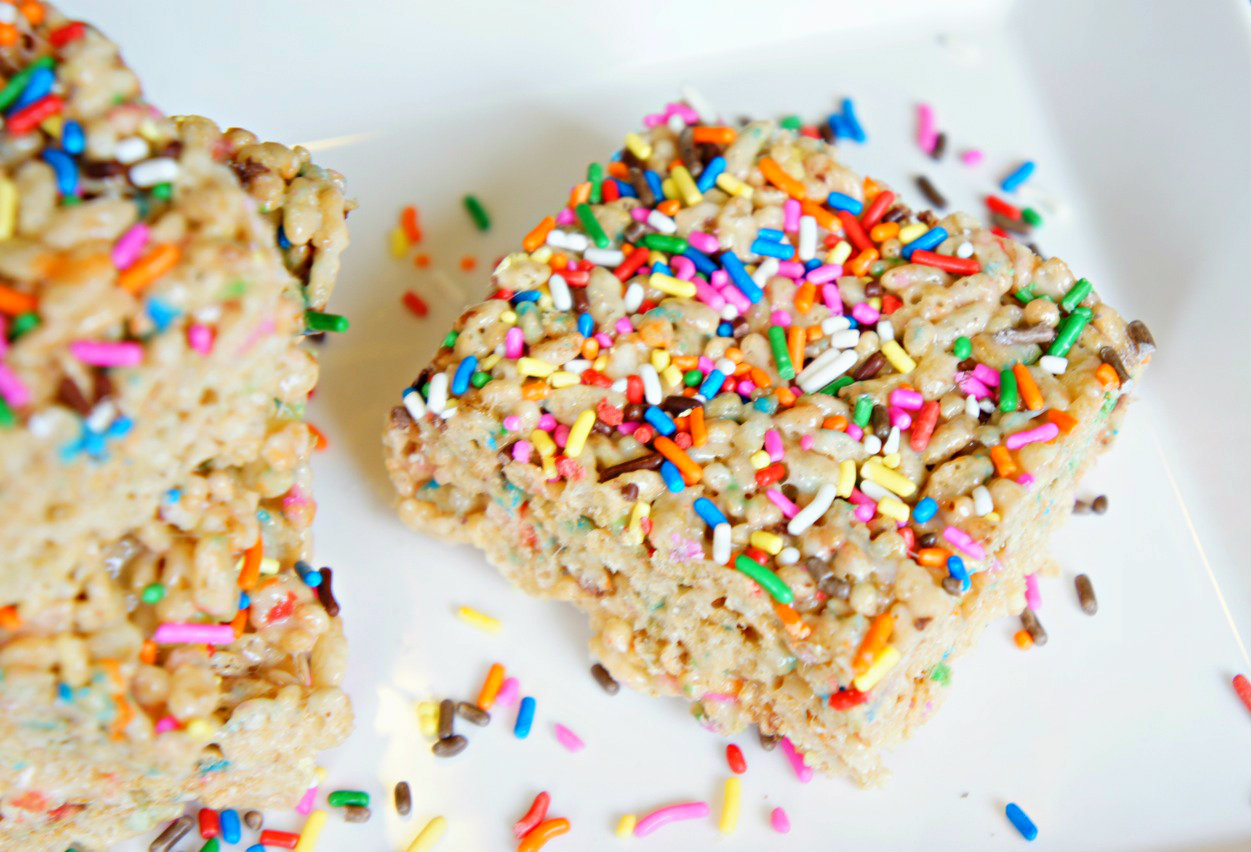 Cake Batter Rice Crispy Squares with Sprinkles Bebe and Bear
