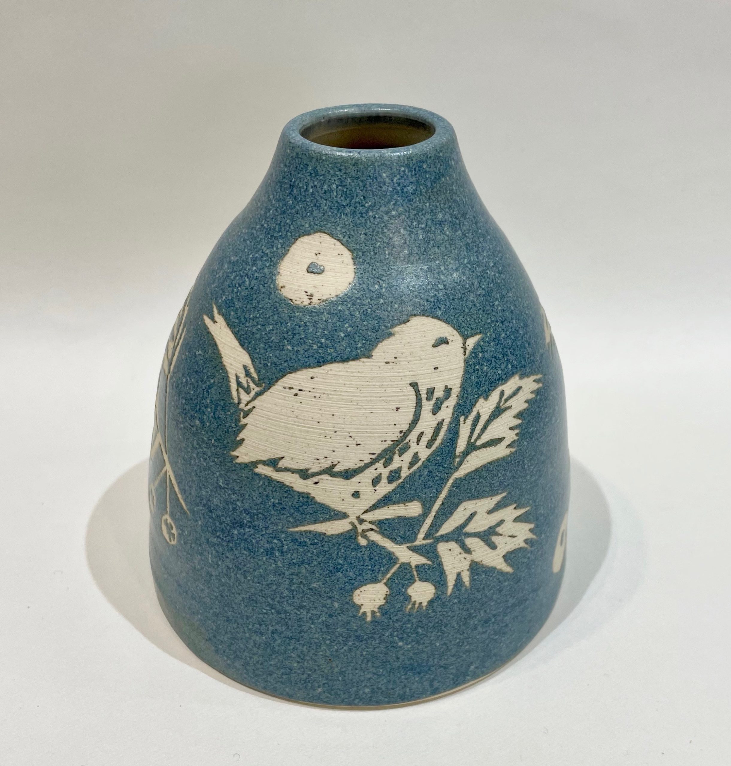 Blue stoneware large bud vase, wren design Becksteps Gallery