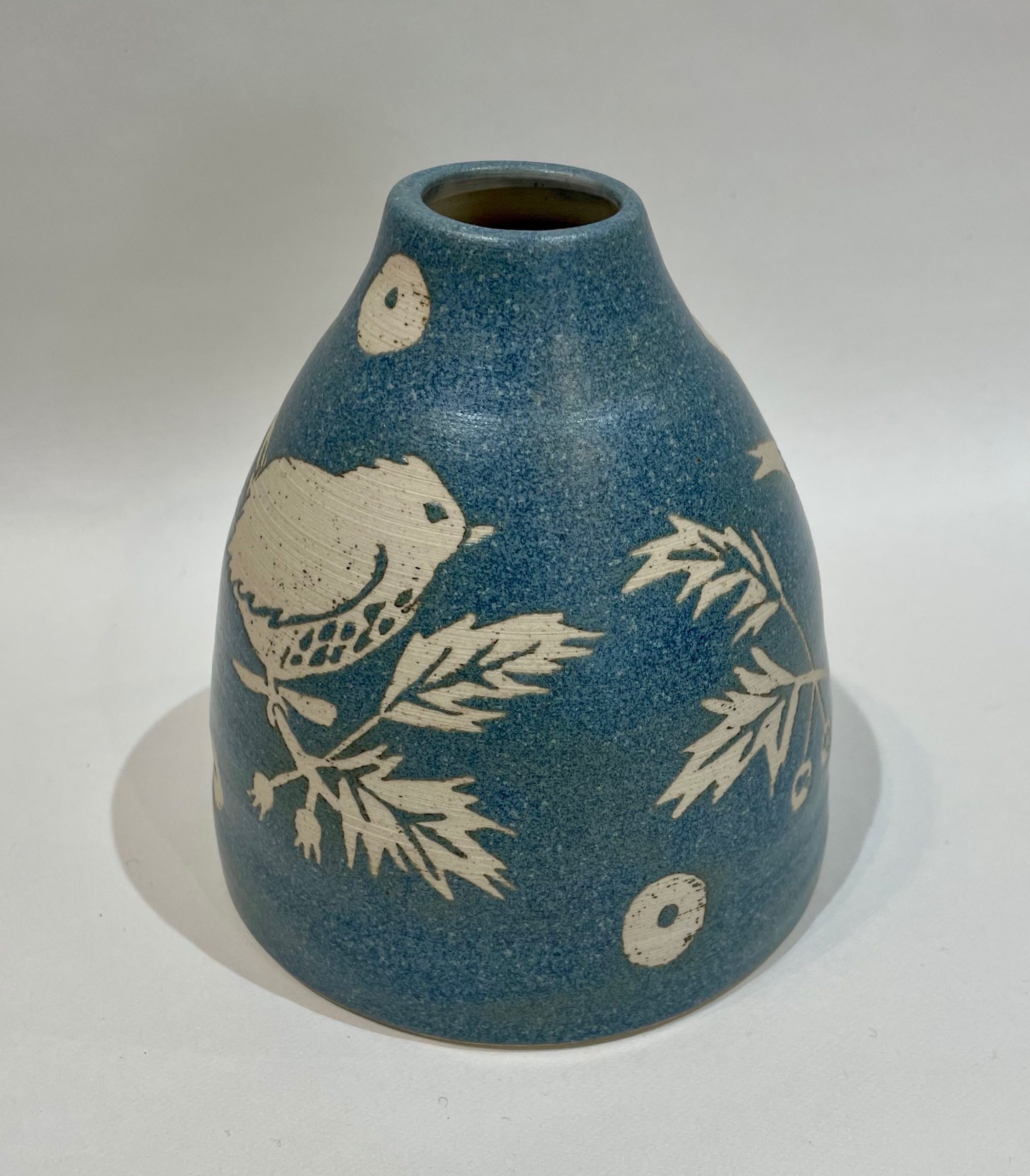 Blue stoneware large bud vase, wren design Becksteps Gallery