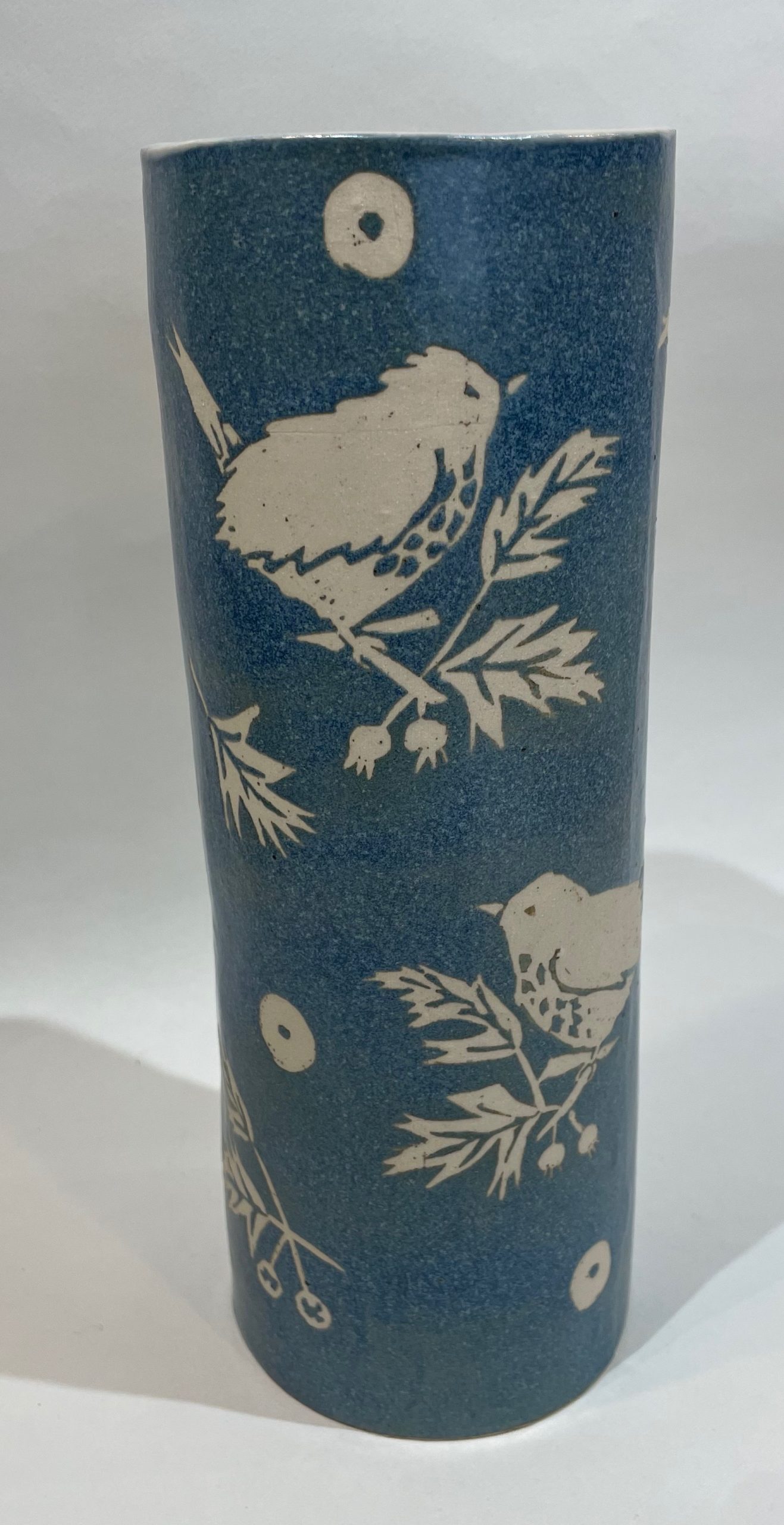 Blue stoneware tall vase, wren design Becksteps Gallery