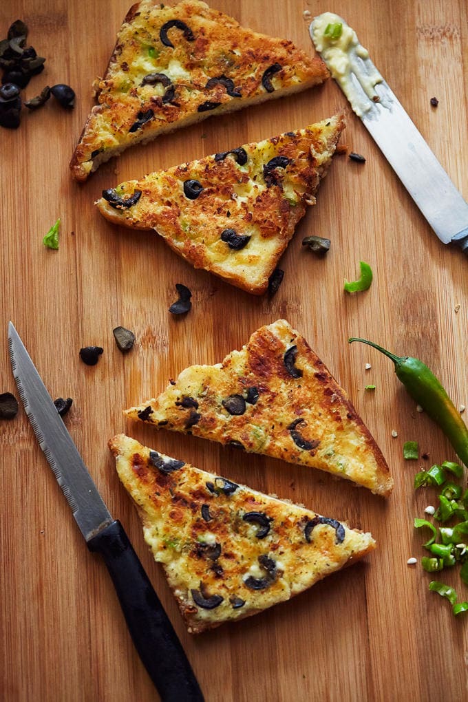 Chilli Cheese Toast with Garlic and Olives Becky Keeps House