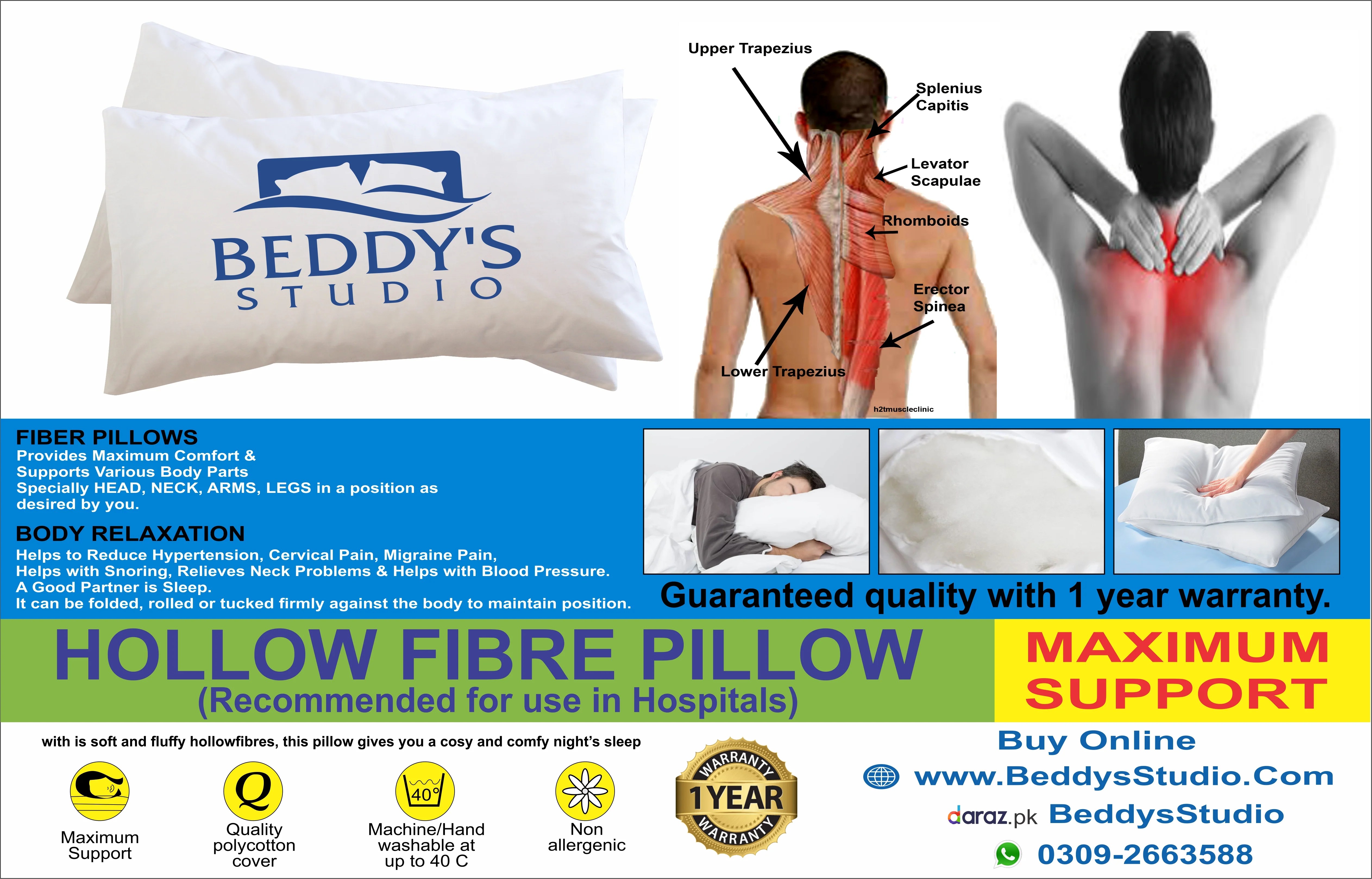 Medicated Pain Relief Hollow Fiber Pillow Beddy's Studio