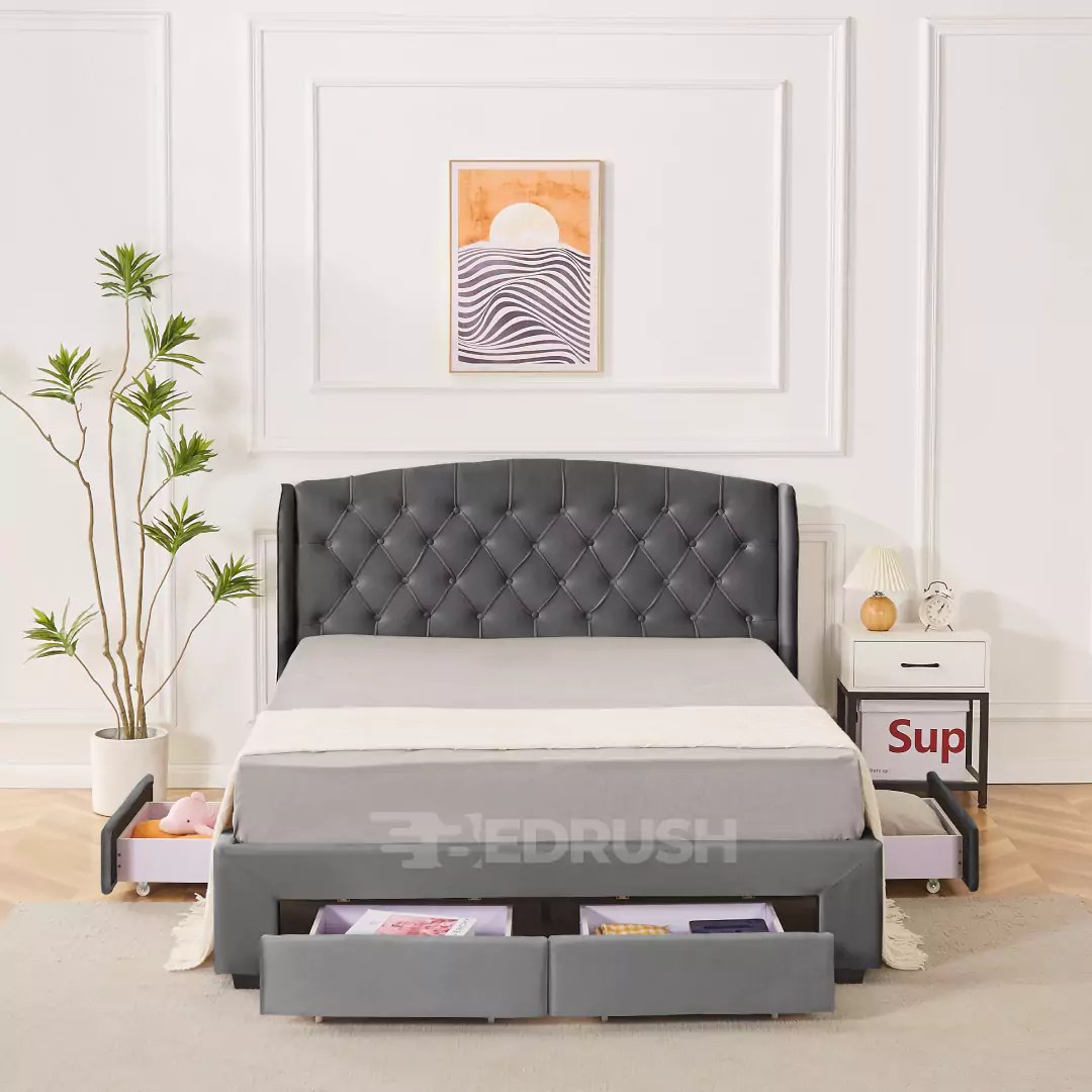 Grey Buckingham Divan Bed Plush Velvet 4 Drawer Button hardboard