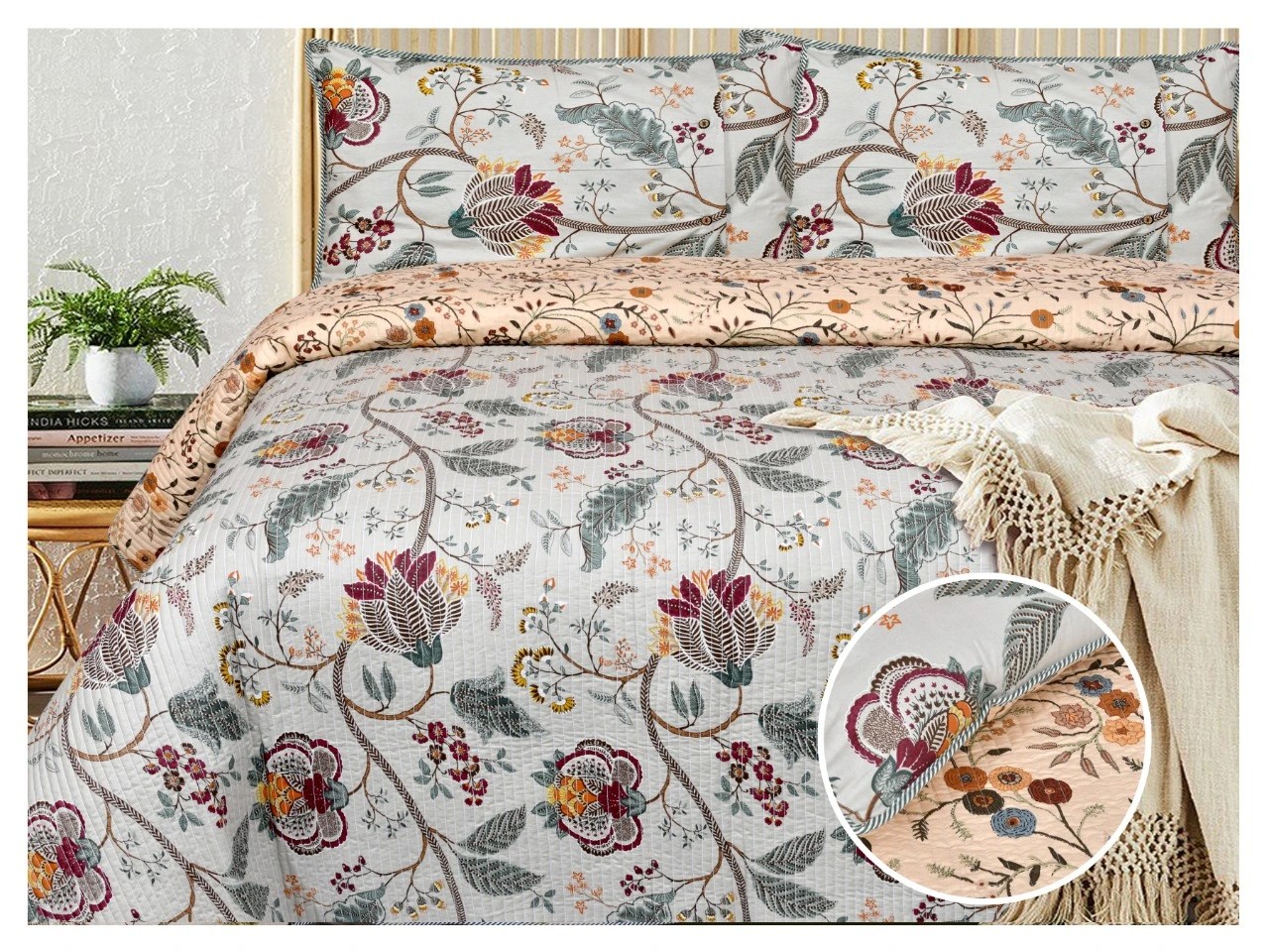 Exquisite floral print quilted bedcover in shades of orange and two