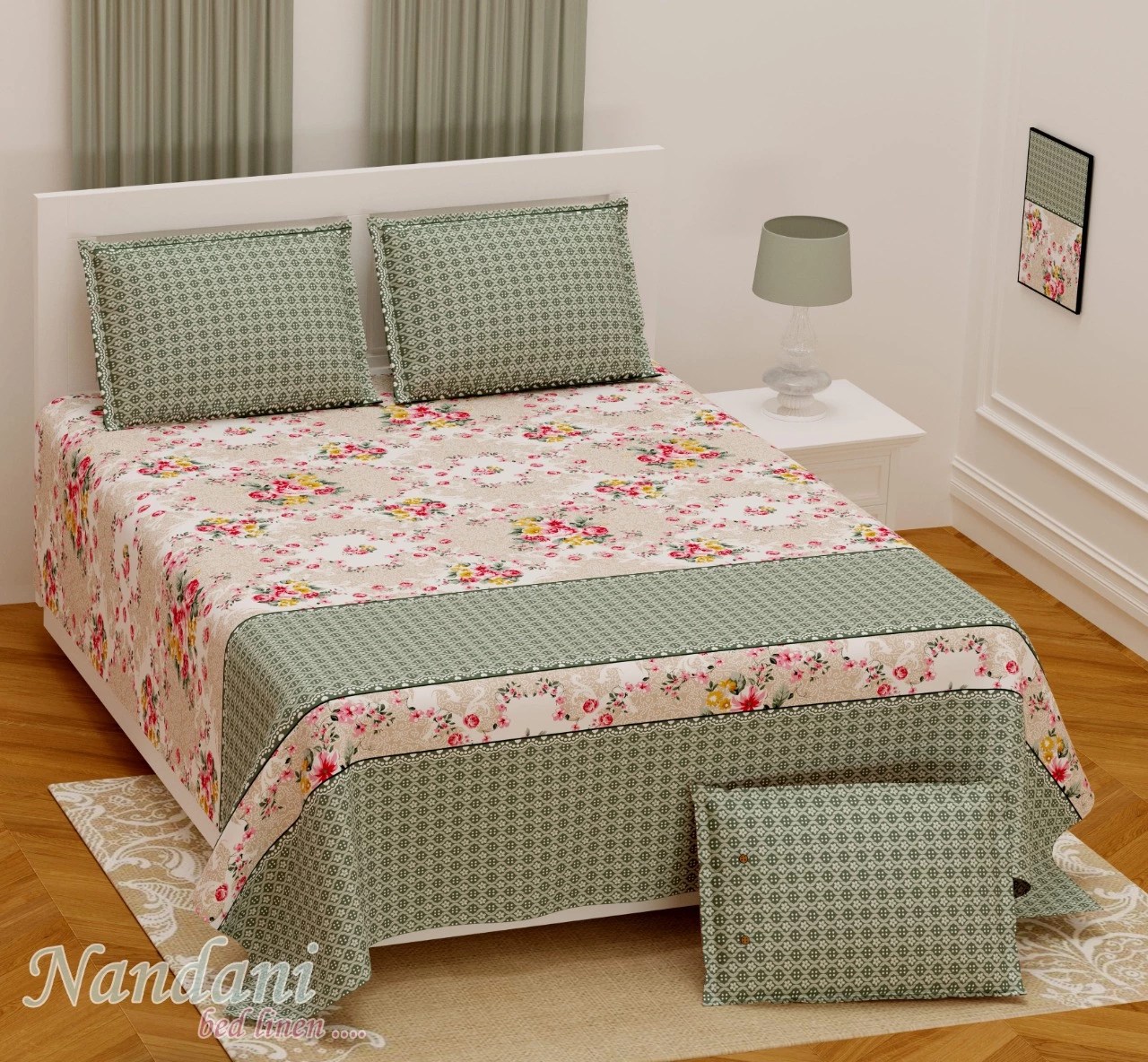 Shades of pastel green and beige floral print on double bedsheet