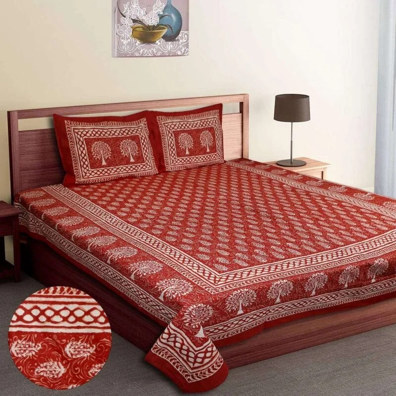 Blockprint on king size cotton double bedsheet and two pillow covers in