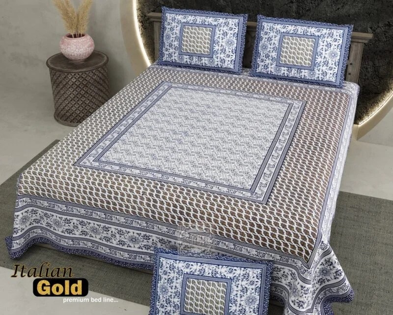 Exquisite print in navy blue and white double bedsheet in premium