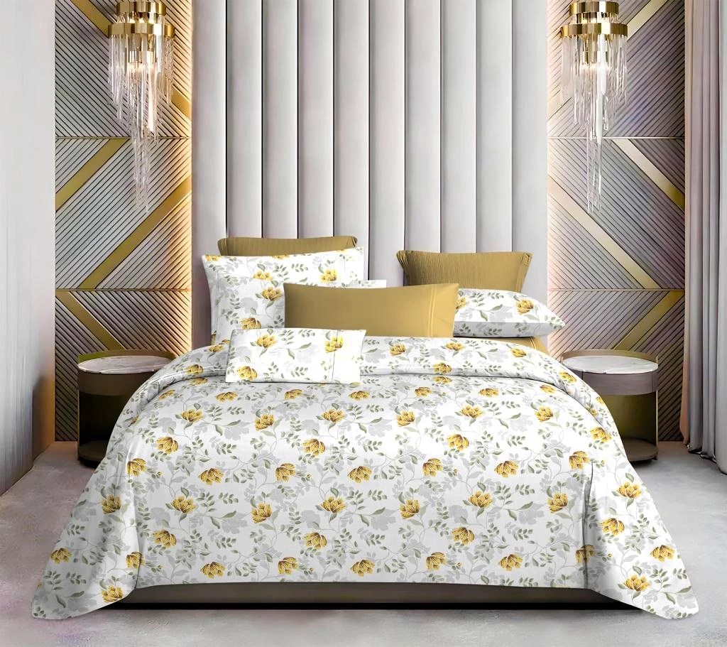 Exquisite print in shades of light yellow on white double bedsheet with