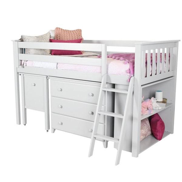 Windsor 2 White Twin Low Loft Bed with Dresser, Desk & Bookcase