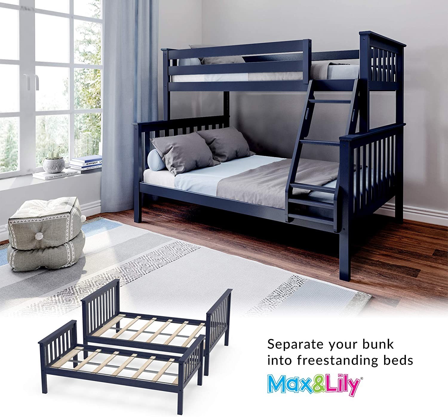 Max & Lily Twin over Full Bunk Bed Trundle Solid Wood, Blue
