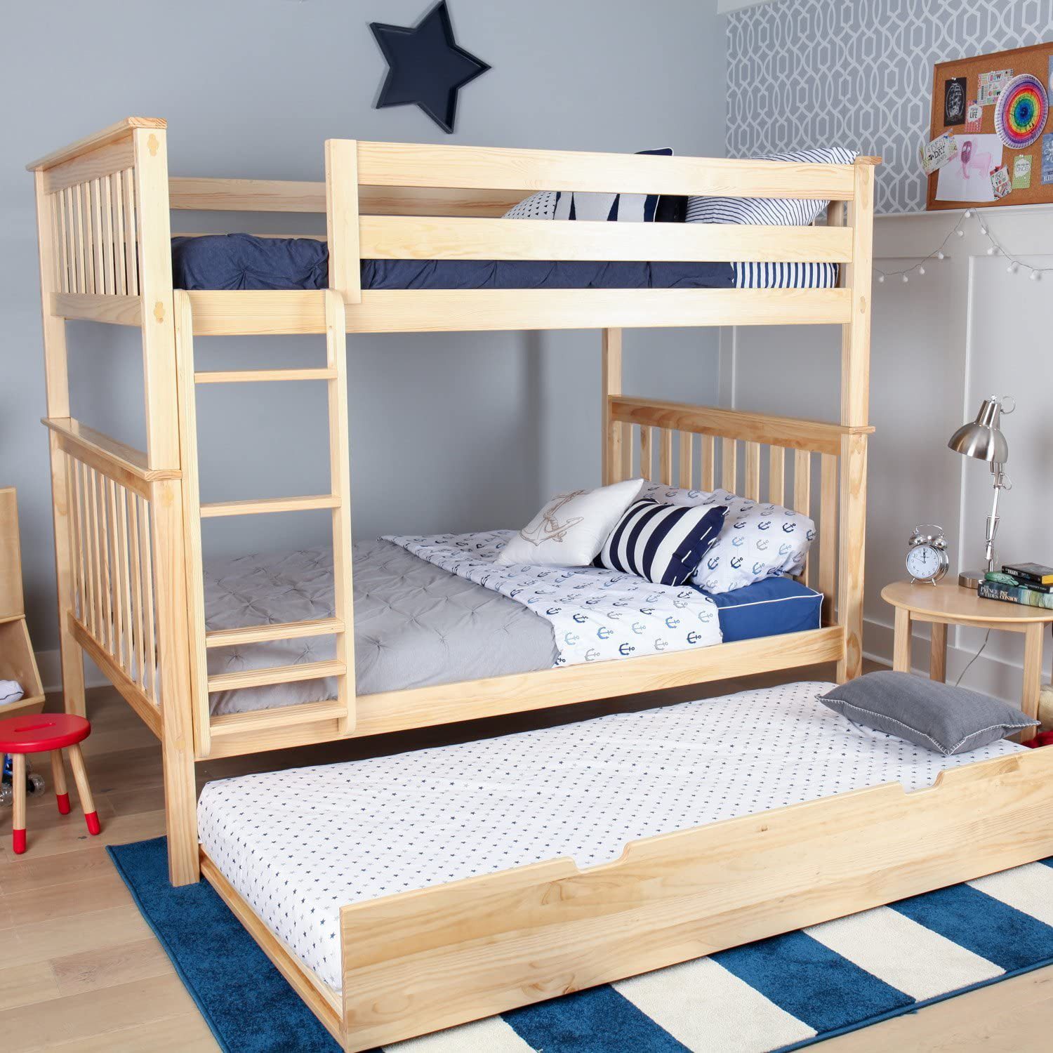 Max & Lily Natural Full over Full Bunk Bed Trundle Solid Wood