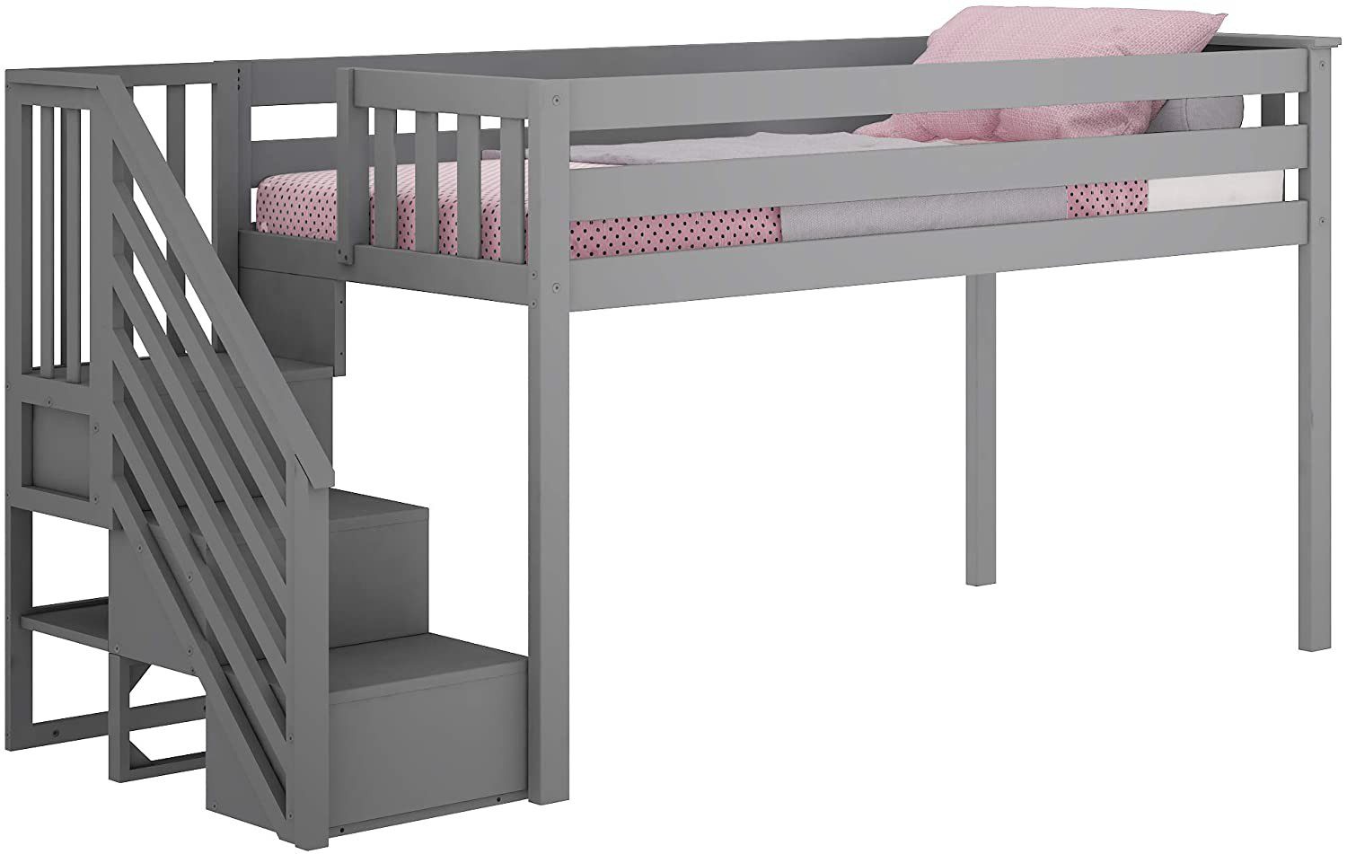 Max & Lily Twin Low Loft Bed Staircase Solid Wood Grey Finish