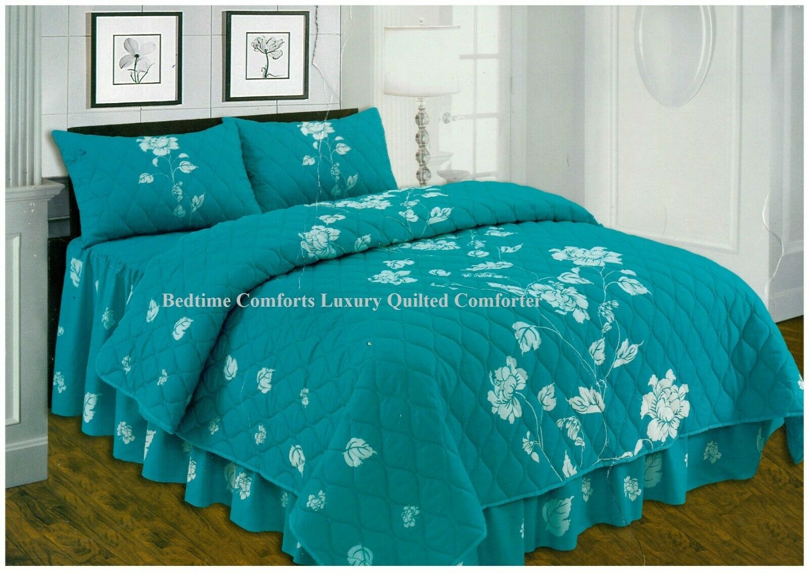 Jade Green Floral Design "QUILTED" Bedspread Comforter & Pillowcase/s