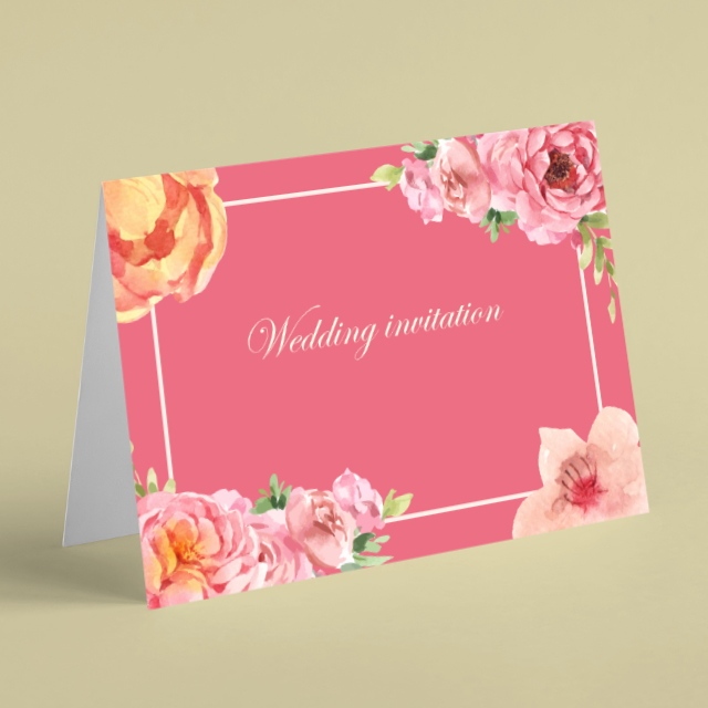 Flowers around frame pink background wedding invitation Beebooh