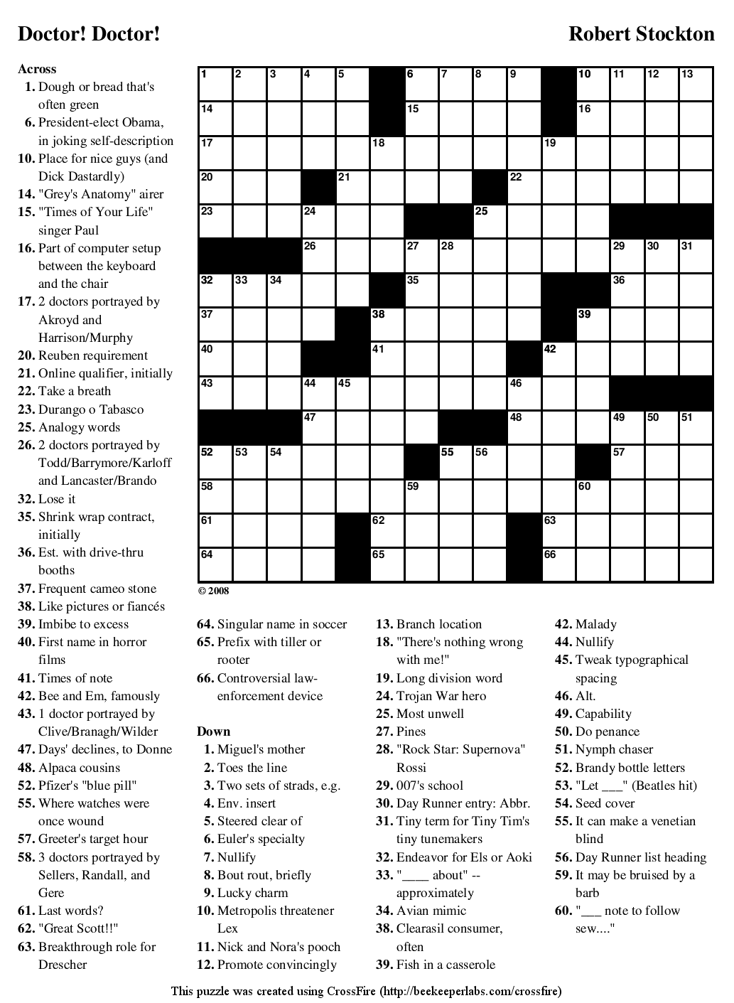 Beekeeper Crosswords » Blog Archive » Puzzle 72 “Doctor! Doctor!”