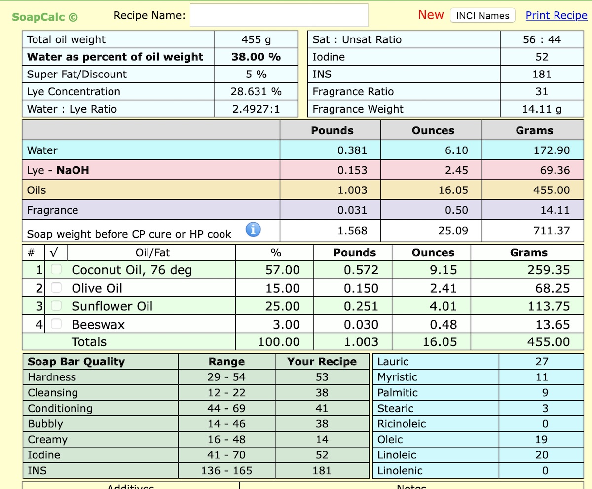 soap calculator output Beespoke Info