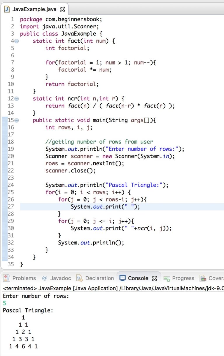 Java Program to print Pascal Triangle
