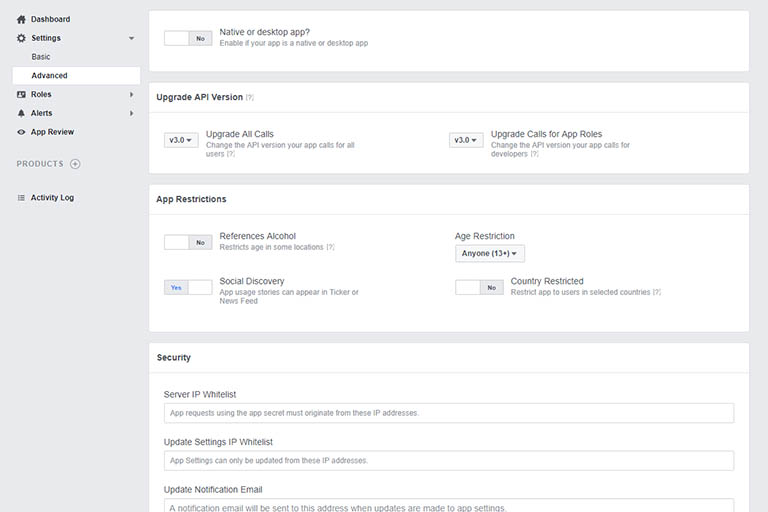 App settings to access the Facebook Graph API Behind The Scenes