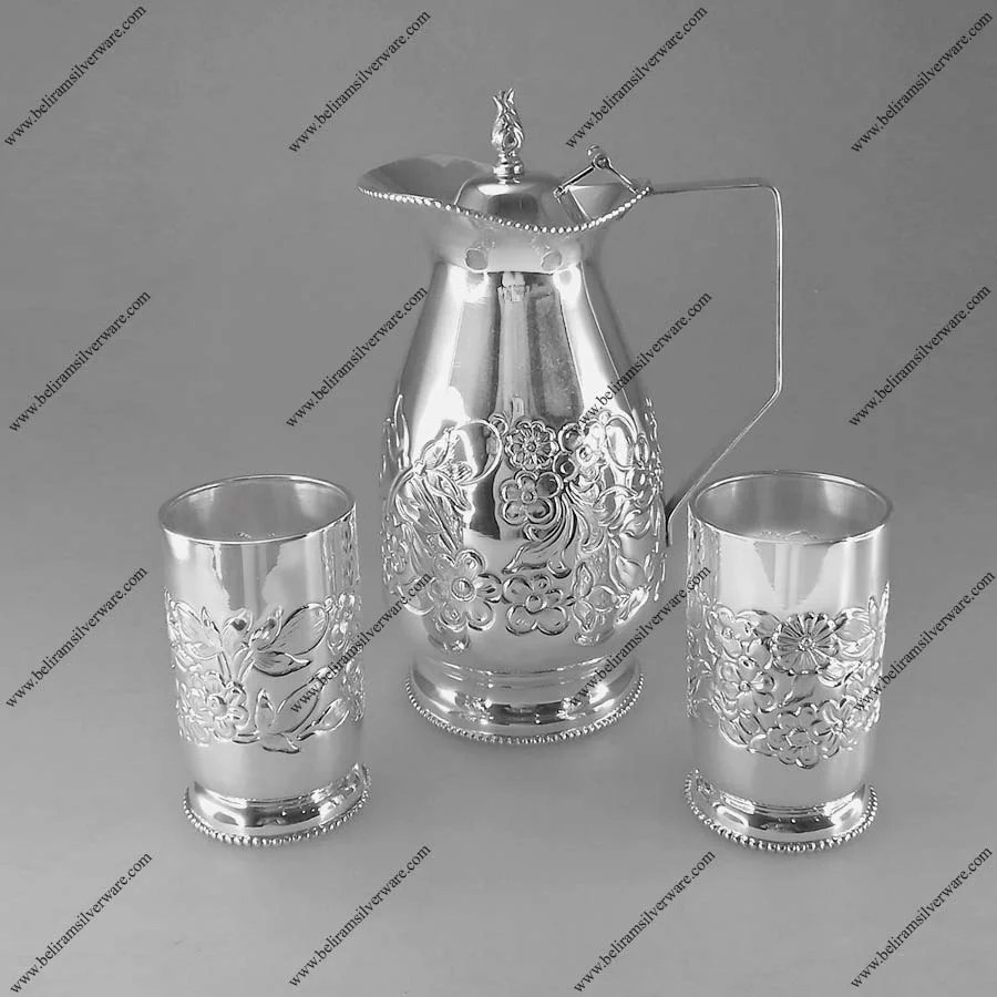 Flower & Leaves Engraved Silver Jug Set Beliram Silverware
