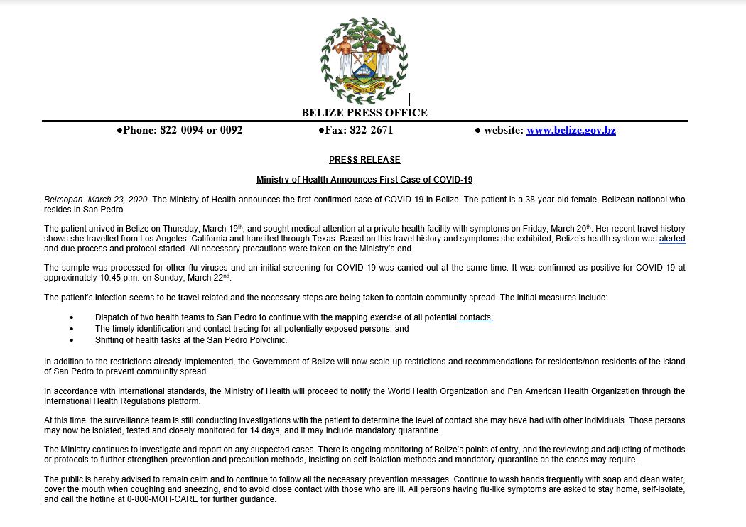 Ministry Of Health Announces First Case Of COVID19 The Belize High