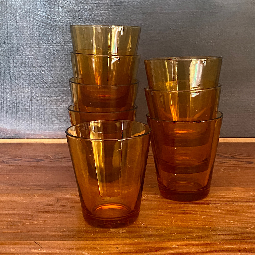 French amber colored water glasses from Bellevue Vintage