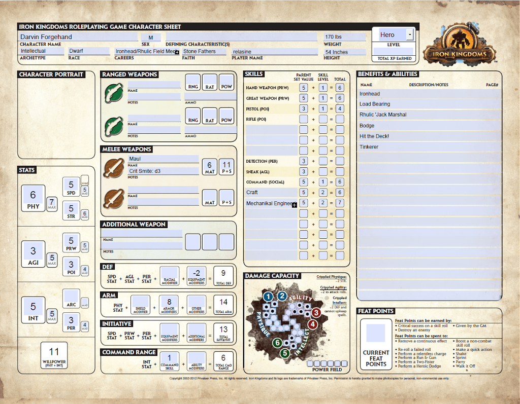 Iron Kingdoms Form Fillable Character Sheet Printable Forms Free Online