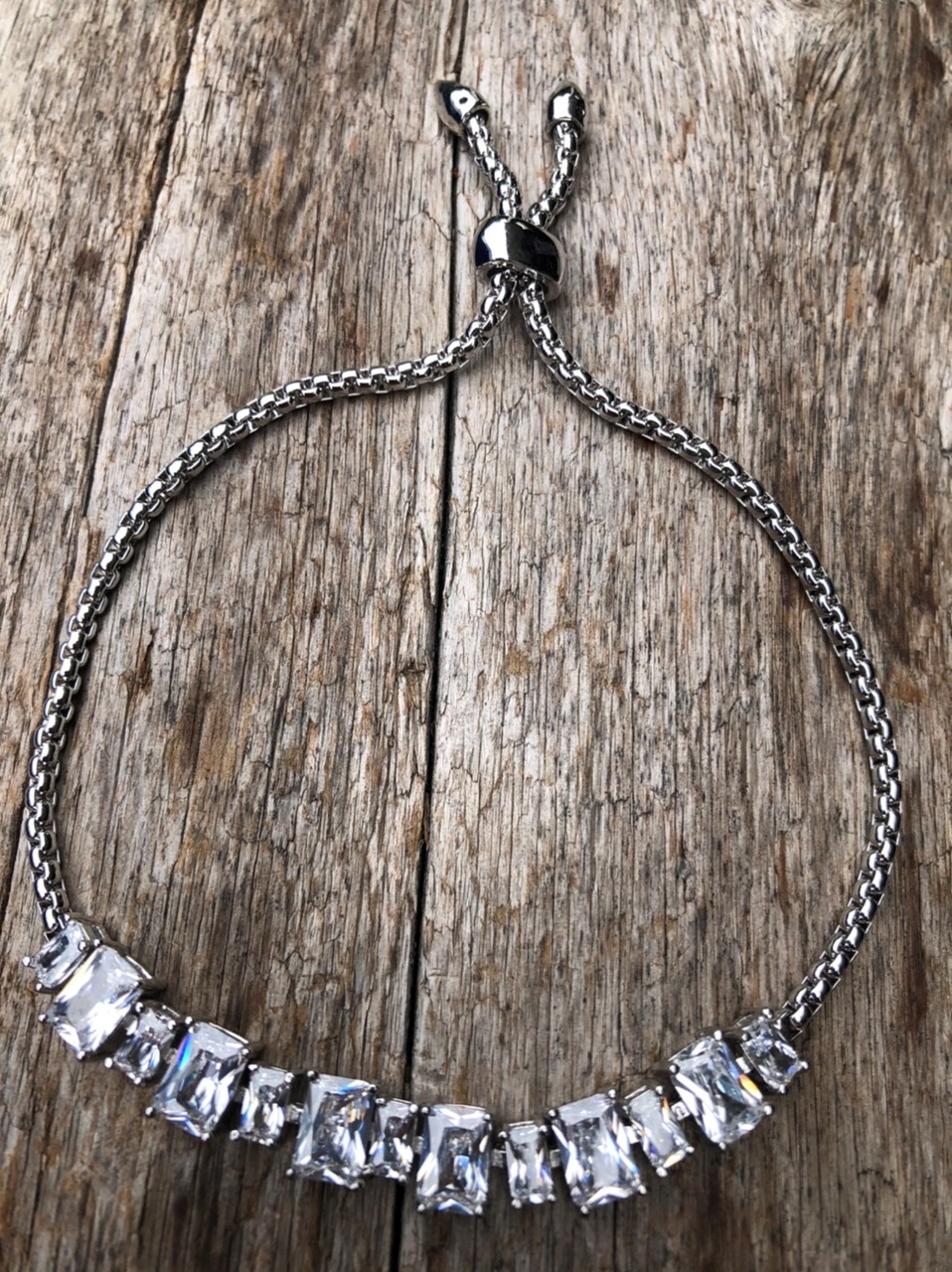 Silver strand Bracelet adjustable sliding clasp with Cubic Zirconia