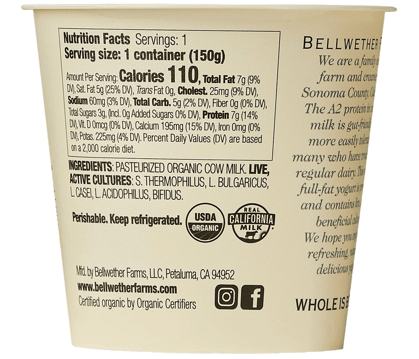 A2 Organic Whole Milk Yogurt Bellwether Farms
