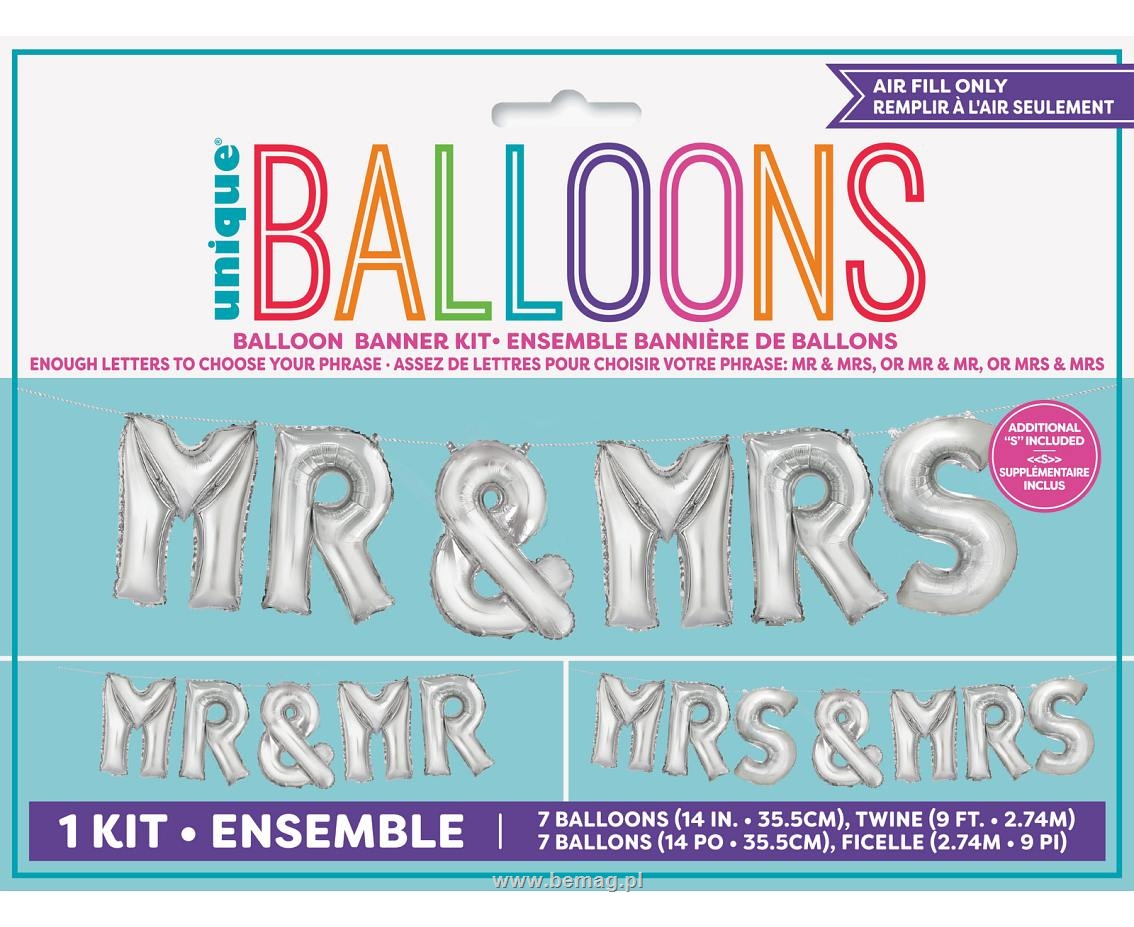 Banner Mr amp; Mrs, balony litery, wysokość 35,5 cm, srebrny