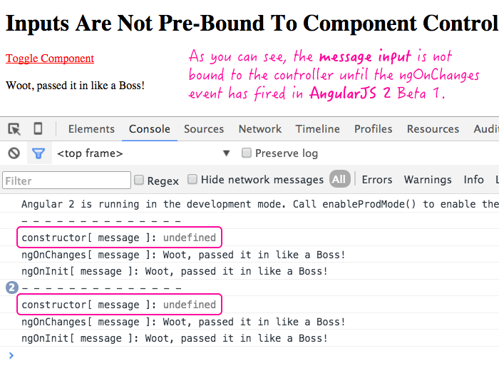 Inputs Are Not PreBound To Component Controllers In AngularJS 2 Beta 1