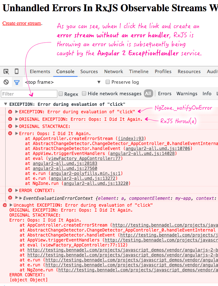 Unhandled Errors In RxJS Observable Streams Will Throw Errors In