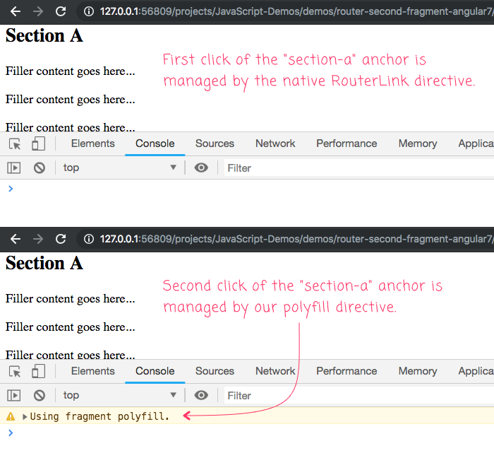 Polyfilling The SecondClick Of A RouterLink Fragment In Angular 7.1.1