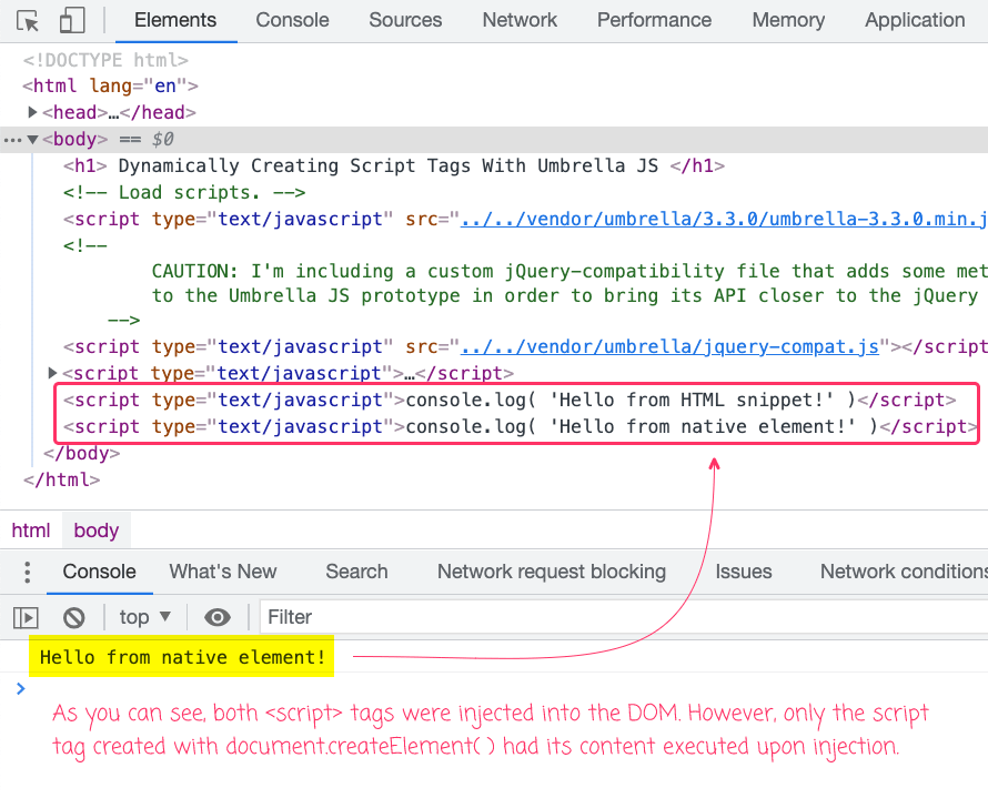 Dynamically Creating Script Tags With Umbrella JS