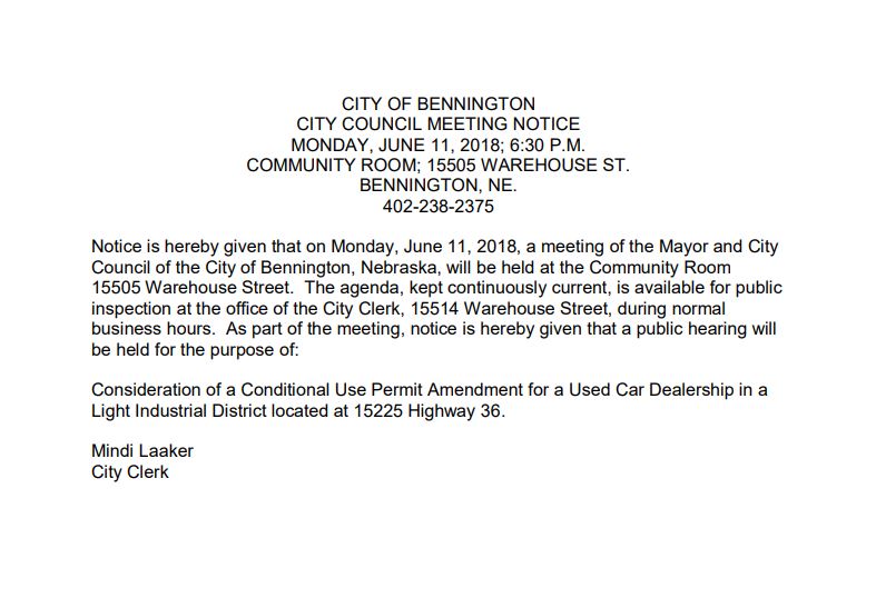 City Council Meeting Notice City of Bennington, Douglas County, Nebraska