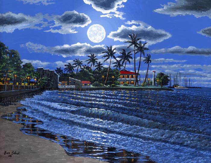 Lahaina Town Beach In The Moonlight Painting Maui Hawaii Art Print